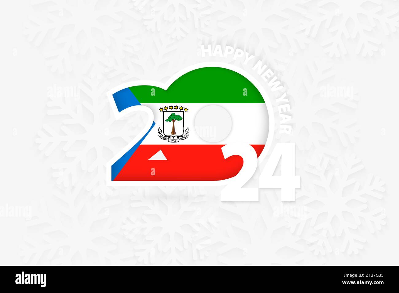New Year 2024 for Equatorial Guinea on snowflake background. Greeting