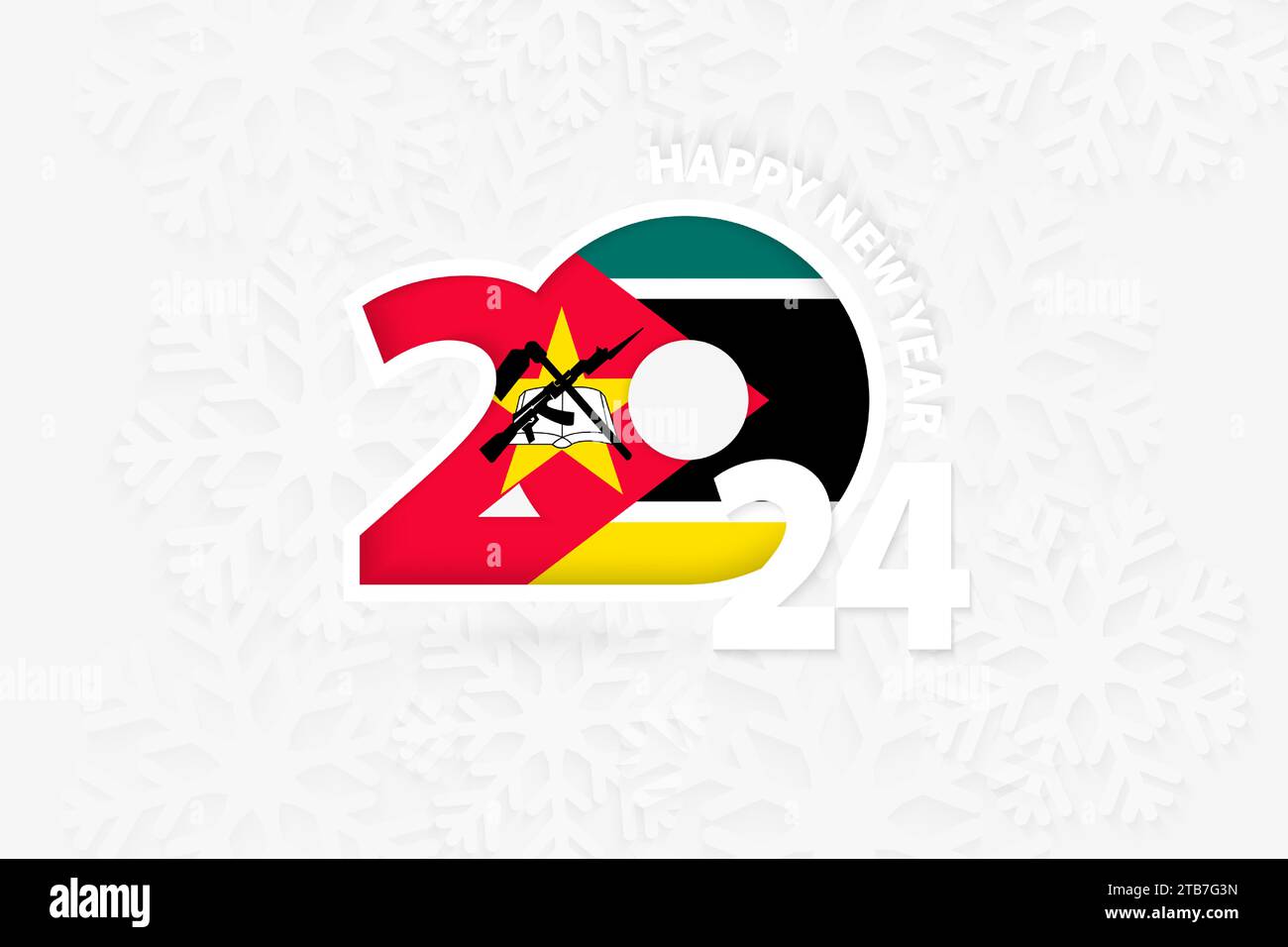 New Year 2025 for Mozambique on snowflake background. Greeting
