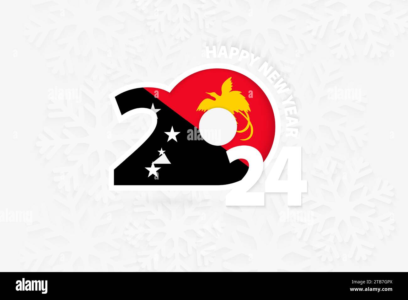 New Year 2024 for Papua New Guinea on snowflake background. Greeting