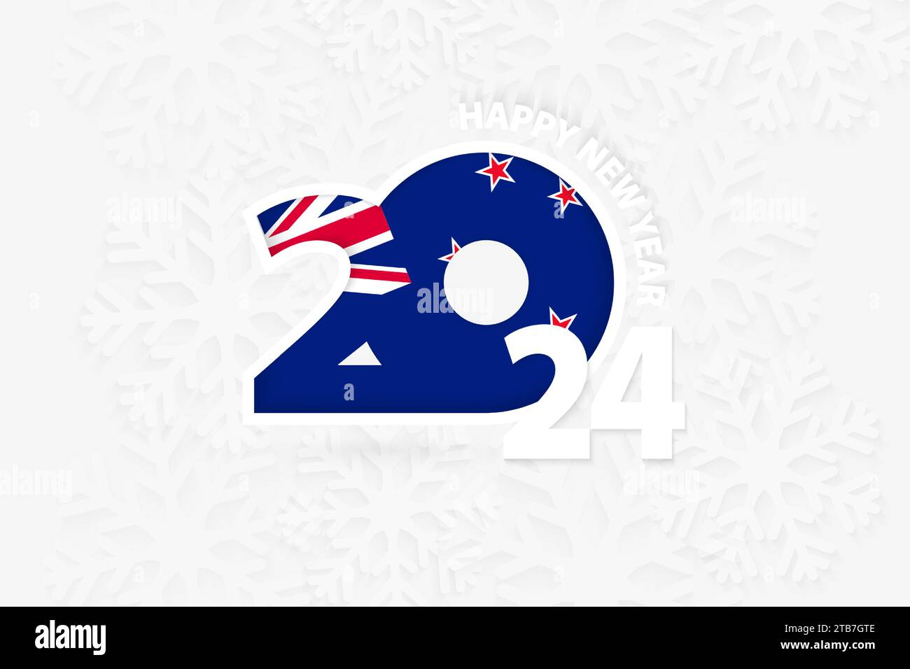 New Year 2024 for New Zealand on snowflake background. Greeting New