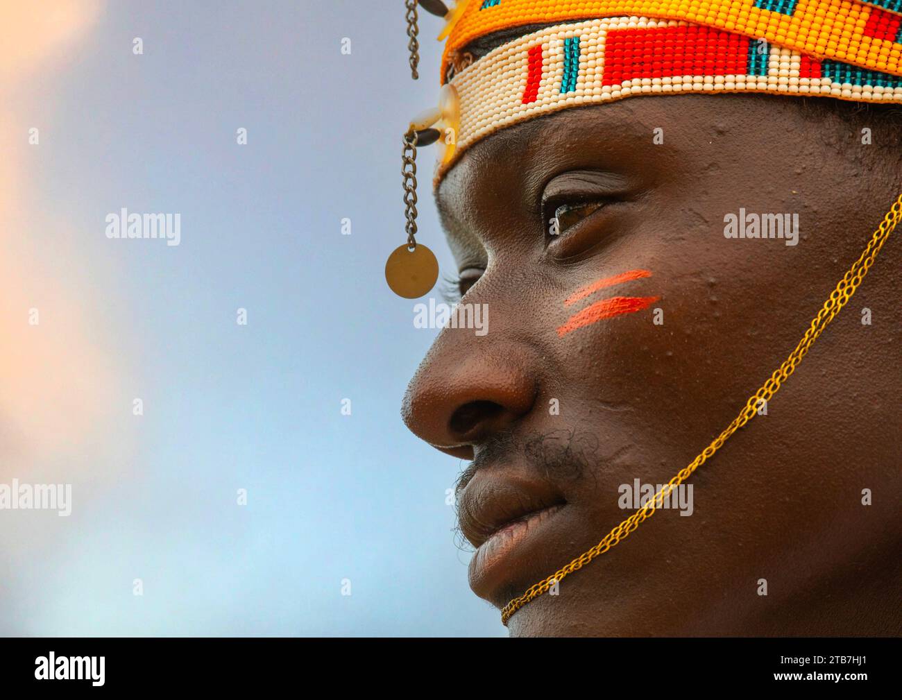 Portrait of a young samburu moran, Samburu County, Samburu National Reserve, Kenya Stock Photo