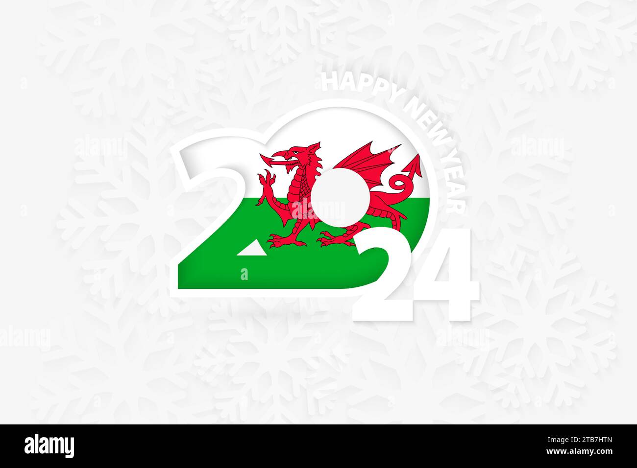 New Year 2025 for Wales on snowflake background. Greeting Wales with