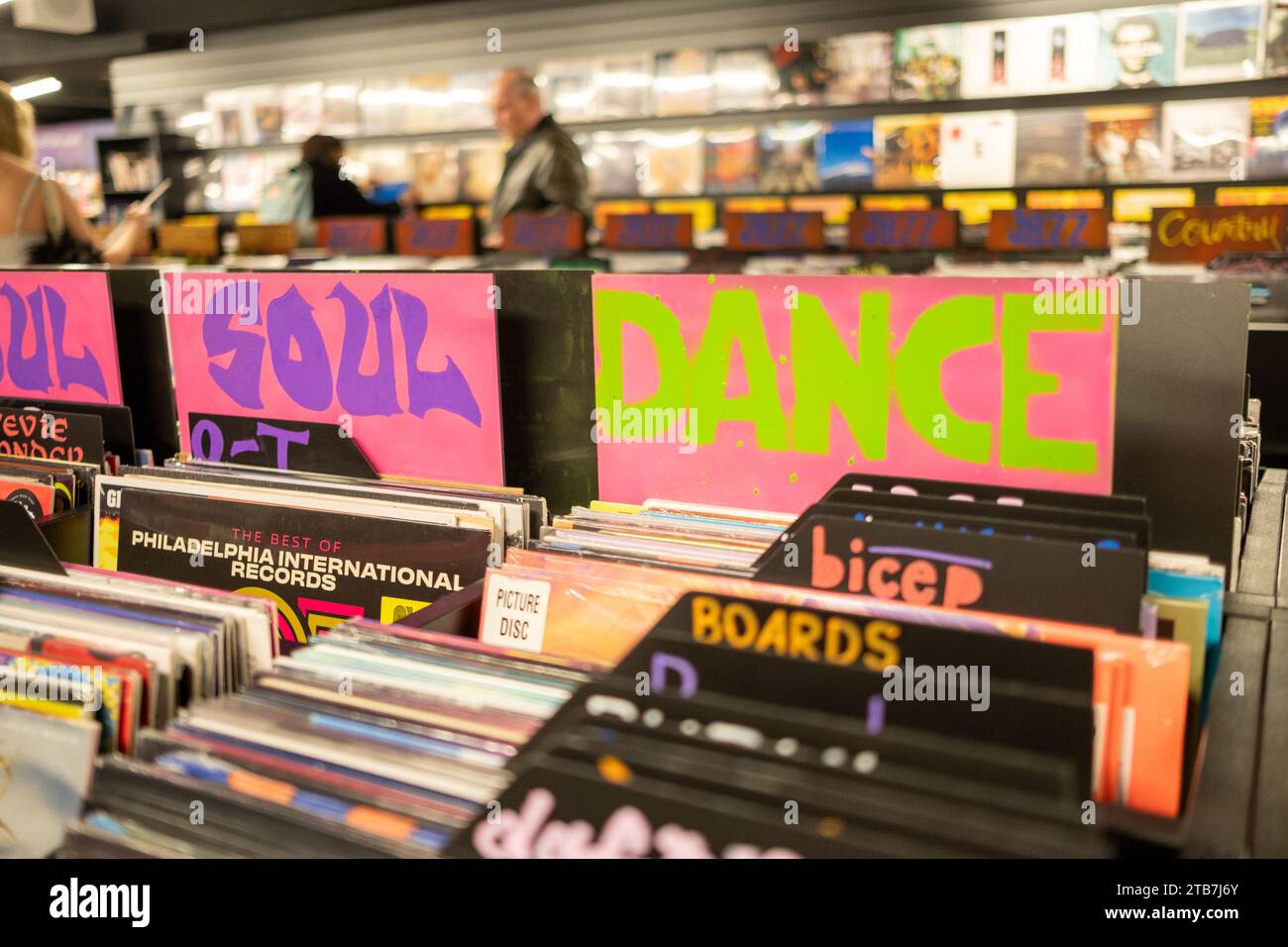 LONDON- NOVEMBER 30, 2023: Soul and Dance category’s of vinyl records inside HMV on Oxford Street Stock Photo