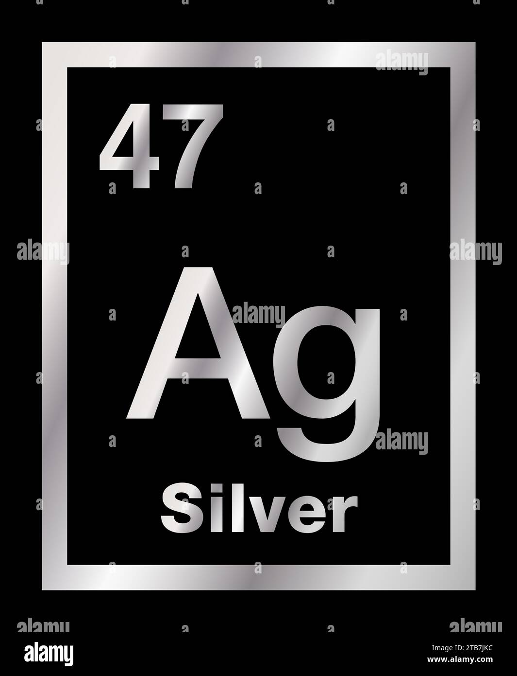 Silver, chemical element, taken from periodic table, with gradients and on black background. Noble and precious metal with chemical symbol Ag. Stock Photo