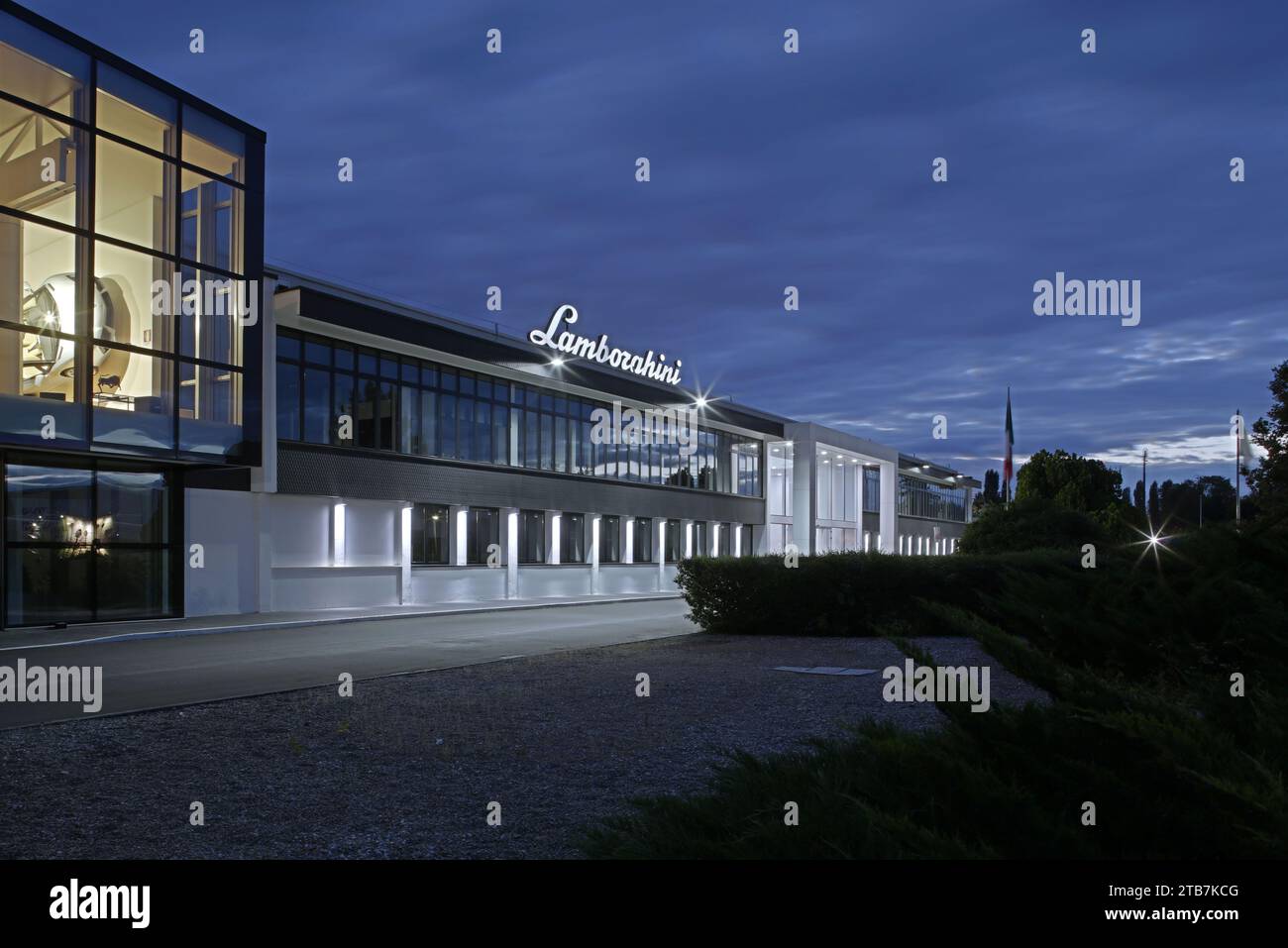 Italy, Sant’Agata Bolognese, 2013/06/24: night view of illuminated Lamborghini factory buildings Stock Photo