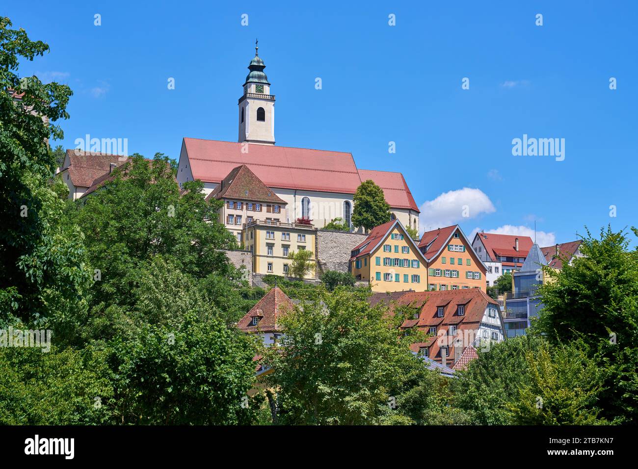 Collegiate Church Heilig Kreuz above the old town of Horb am Neckar, Germany Stock Photo