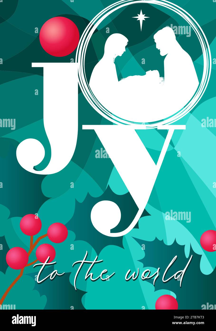 Christmas card with the inscription 'Joy to the world' and holly berry. Nativity typography for posters or social media banner. Vector illustration Stock Vector