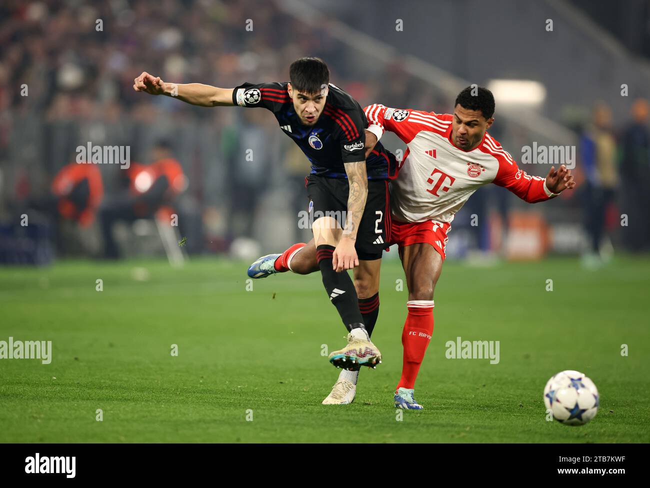 MUNICH, GERMANY - NOVEMBER 29: UEFA Champions League match between FC Bayern MŸnchen and F.C. Copenhagen at Allianz Arena on November 29, 2023 in Munich, Germany. Serge Gnabry of Bayern Muenchen Kevin Diks of FC Copenhagen  FC Bayern  MŸnchen FC Kopenhagen © diebilderwelt / Alamy Stock Stock Photo