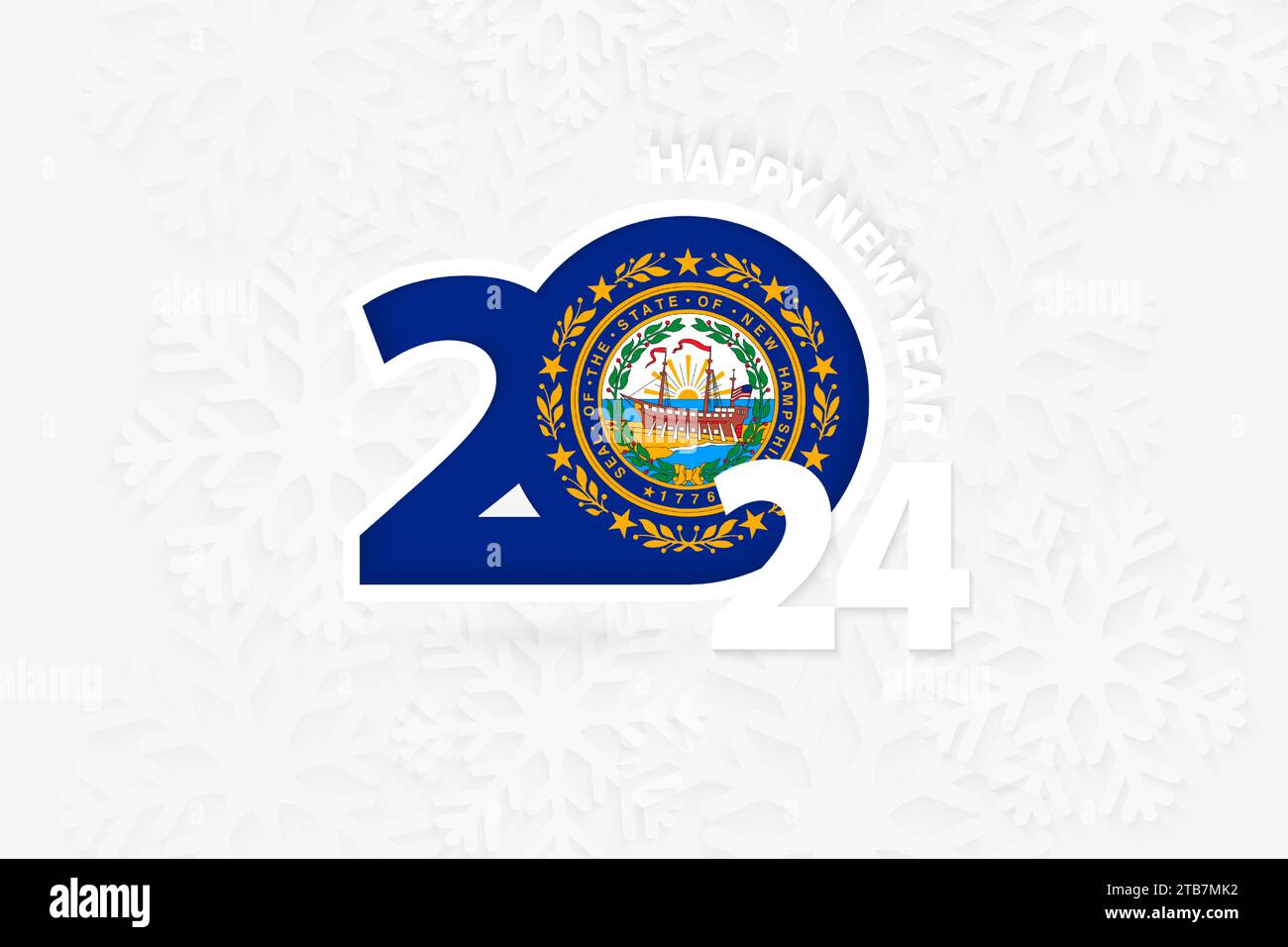 New Year 2024 for New Hampshire on snowflake background. Greeting New