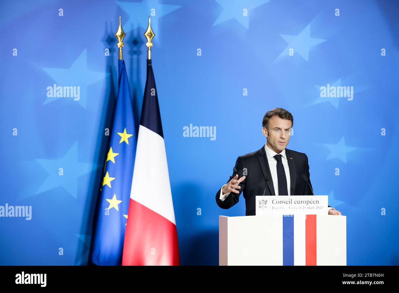 Belgium, Brussels, March 24, 2023: speech by French President Emmanuel Macron at the summit of EU's heads of state and government (European Union). Re Stock Photo