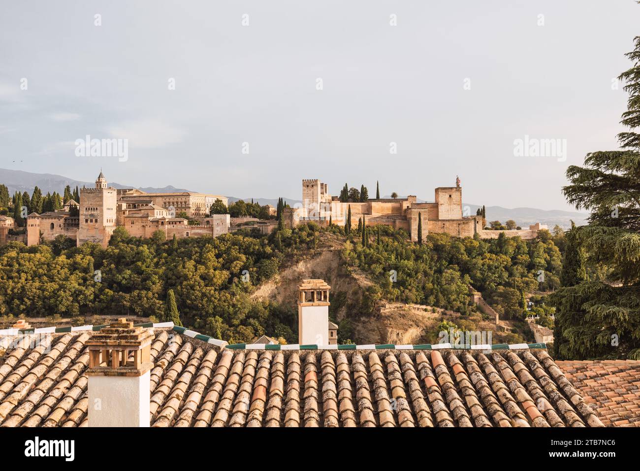 Beautiful view of ancient rocked castle Alcazaba of Alhambra amidst green trees growing on mountain against cloudy sky at Granada, Spain Stock Photo