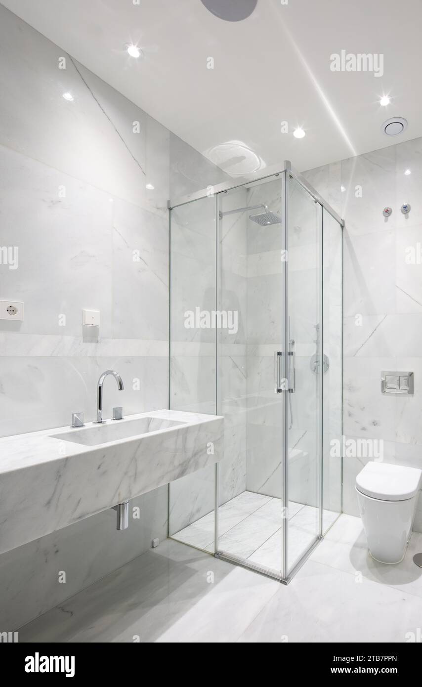 View of Glass shower cabin with marble washbasin and toilet seat in illuminated ...