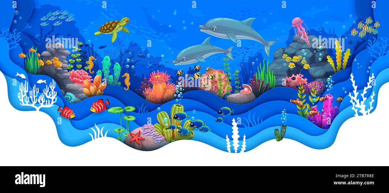 Underwater paper cut landscape with dolphin, turtle, seaweeds and fish ...