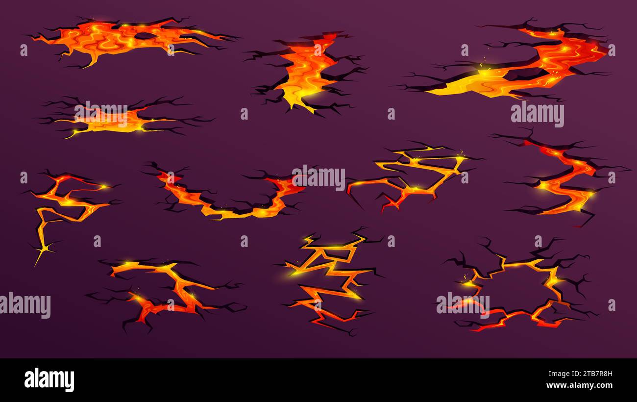 Volcano lava or magma fire on ground cracks, vector cartoon game effect or background. Red yellow volcano magma burn or volcanic eruption hole cracks in ground of molten stone rocks in flame Stock Vector