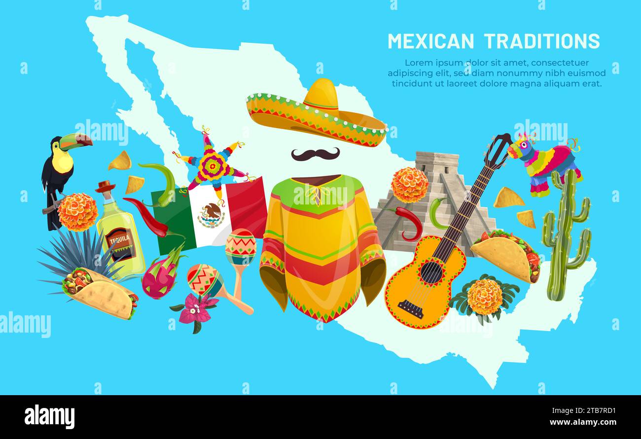 Mexican travel map with Tex Mex cuisine, animals, flowers and musical ...