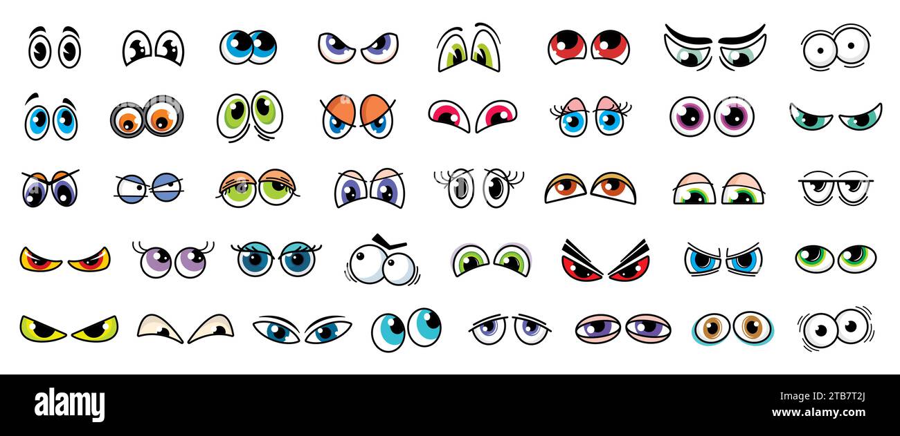 Cartoon comic eyes isolated vector set. Funny looks expressing different emotions. Kind, angry, surprised and sad, suspect, evil, loving, wow or bored eyes for characters and personages creation kit Stock Vector