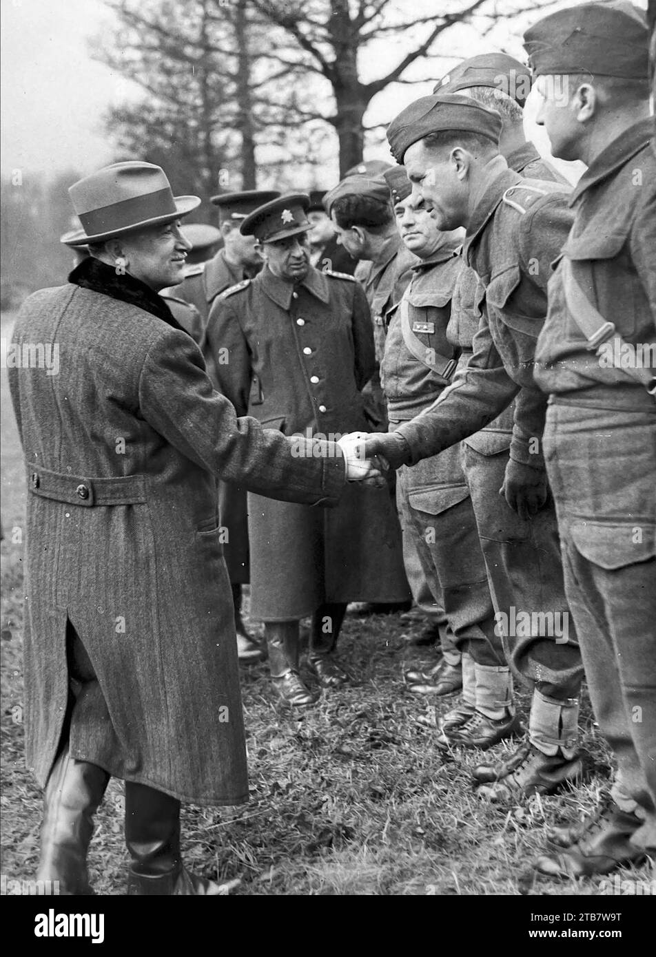 EDUARD BENES (1884-1948) Czech sPrime Minister  inspecting a Czech Brigade at a base in England in  December 1940. Stock Photo