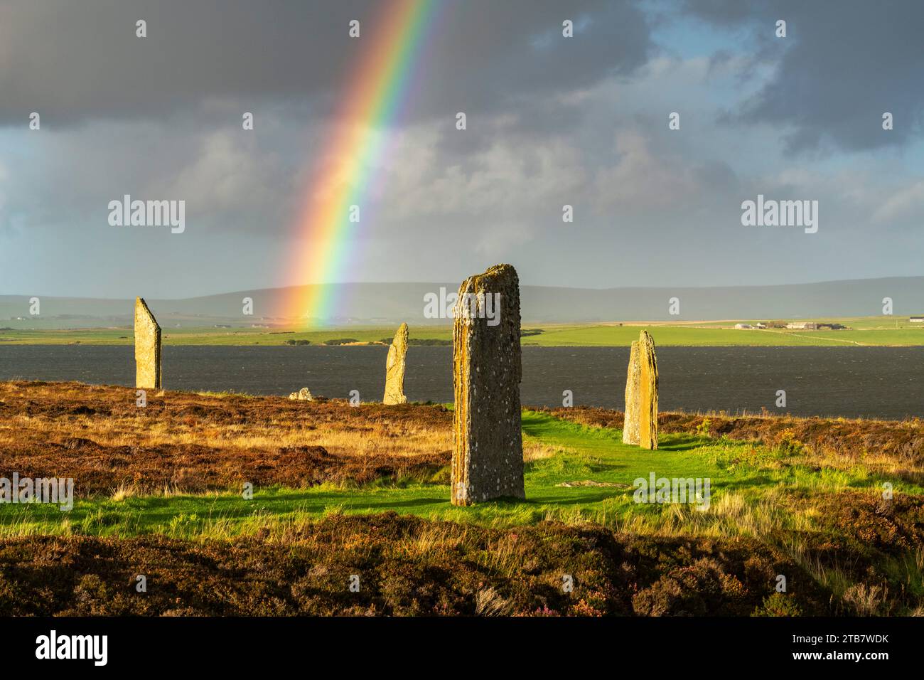 Rainbow over the Ring of Brodgar on Mainland, Orkney Islands, Scotland.  Autumn (October) 2022. Stock Photo