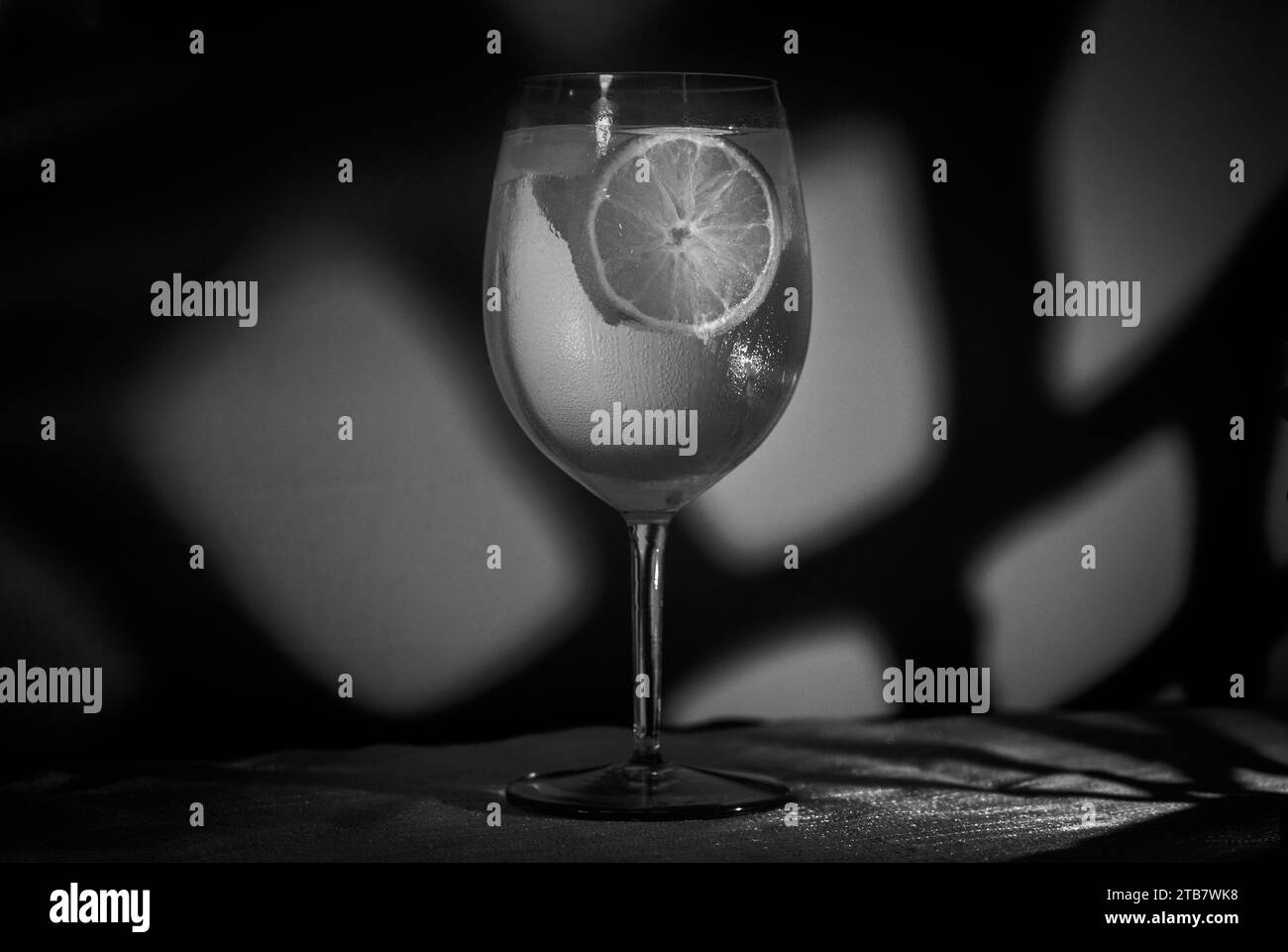 Gin and tonic cocktail with ice and lemon slices in black and white, noir style Stock Photo