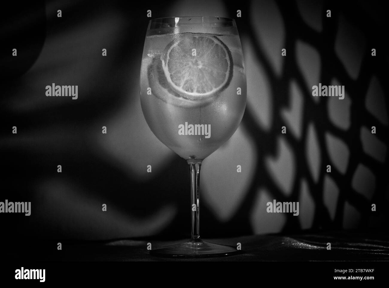 Gin and tonic cocktail with ice and lemon slices in black and white, noir style Stock Photo