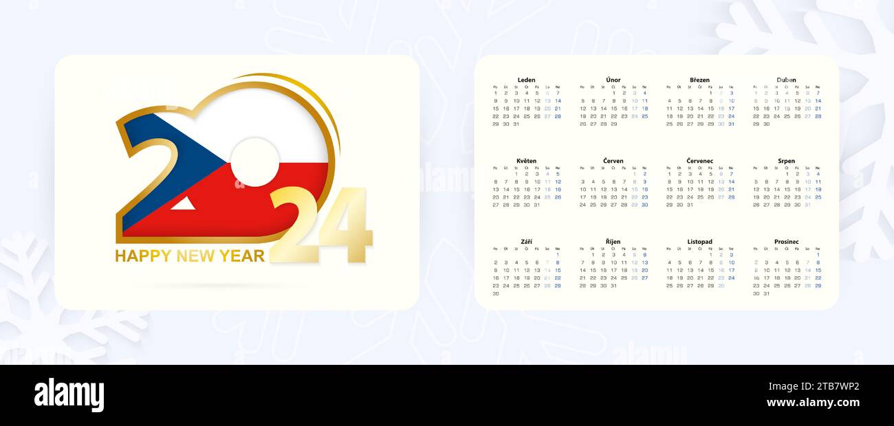 Horizontal Pocket Calendar 2024 in Czech language. New Year 2024 icon with flag of Czech
