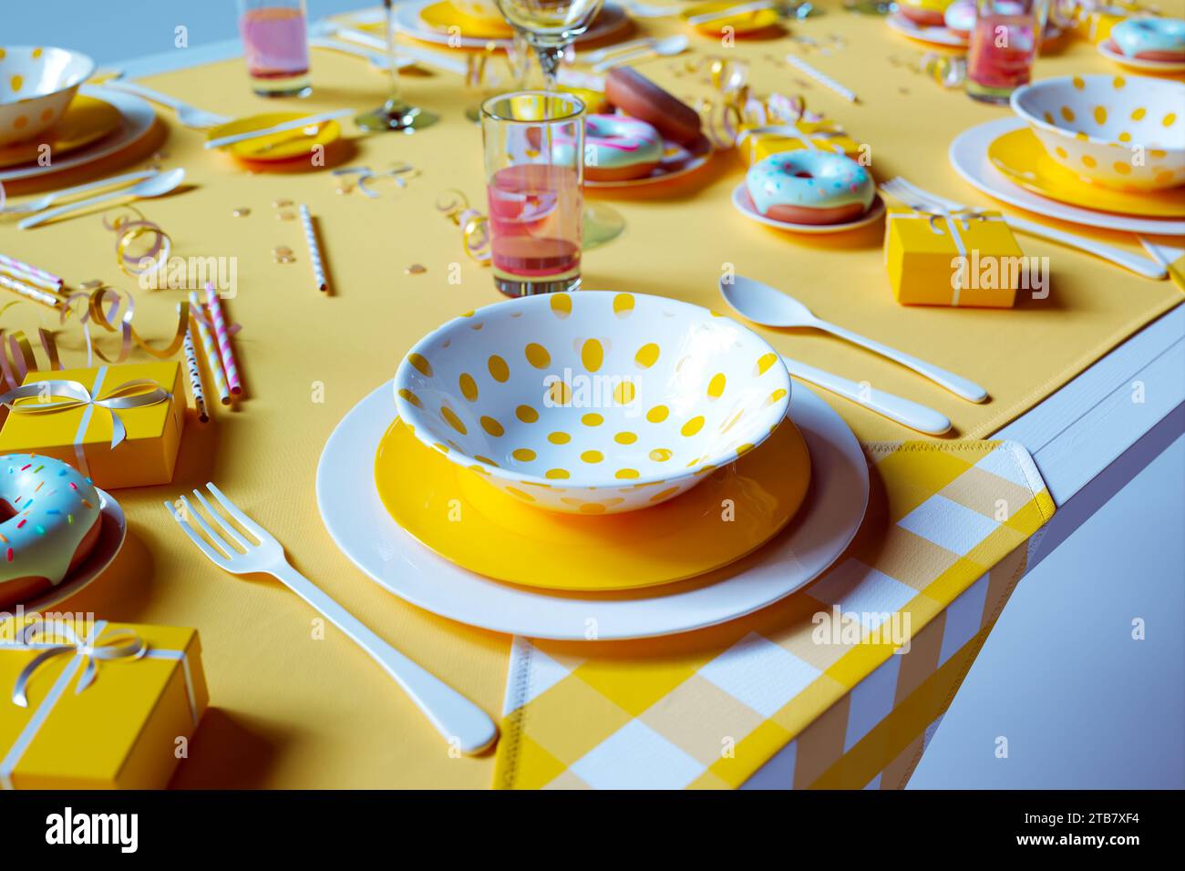 An inviting table setting adorned with golden cutlery, yellow tableware, festooned with polka dots, and thoughtful gifts, awaiting a joyous festive ga Stock Photo