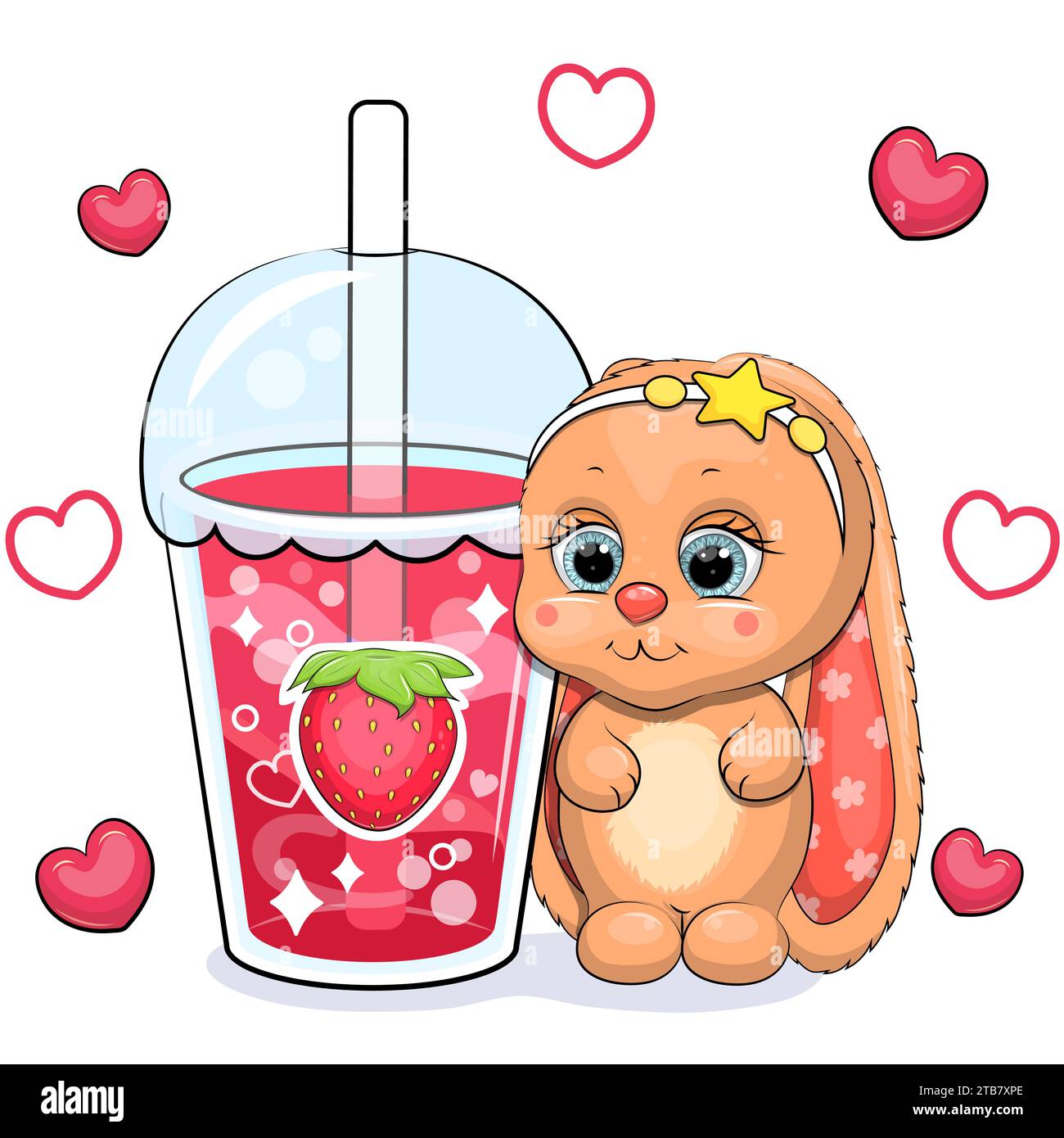 Cute cartoon bunny with a big strawberry drink. Vector