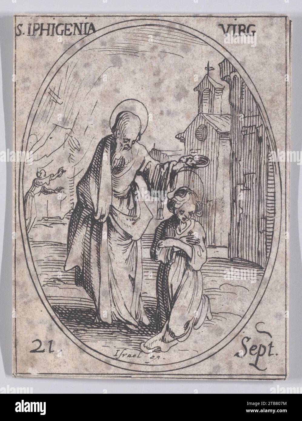 S. Iphigenie, vierge (St. Iphigenia, Virgin), September 21st, from 'Les Images De Tous Les Saincts et Saintes de L'Annee' (Images of All of the Saints and Religious Events of the Year) 1917 by Jacques Callot Stock Photo