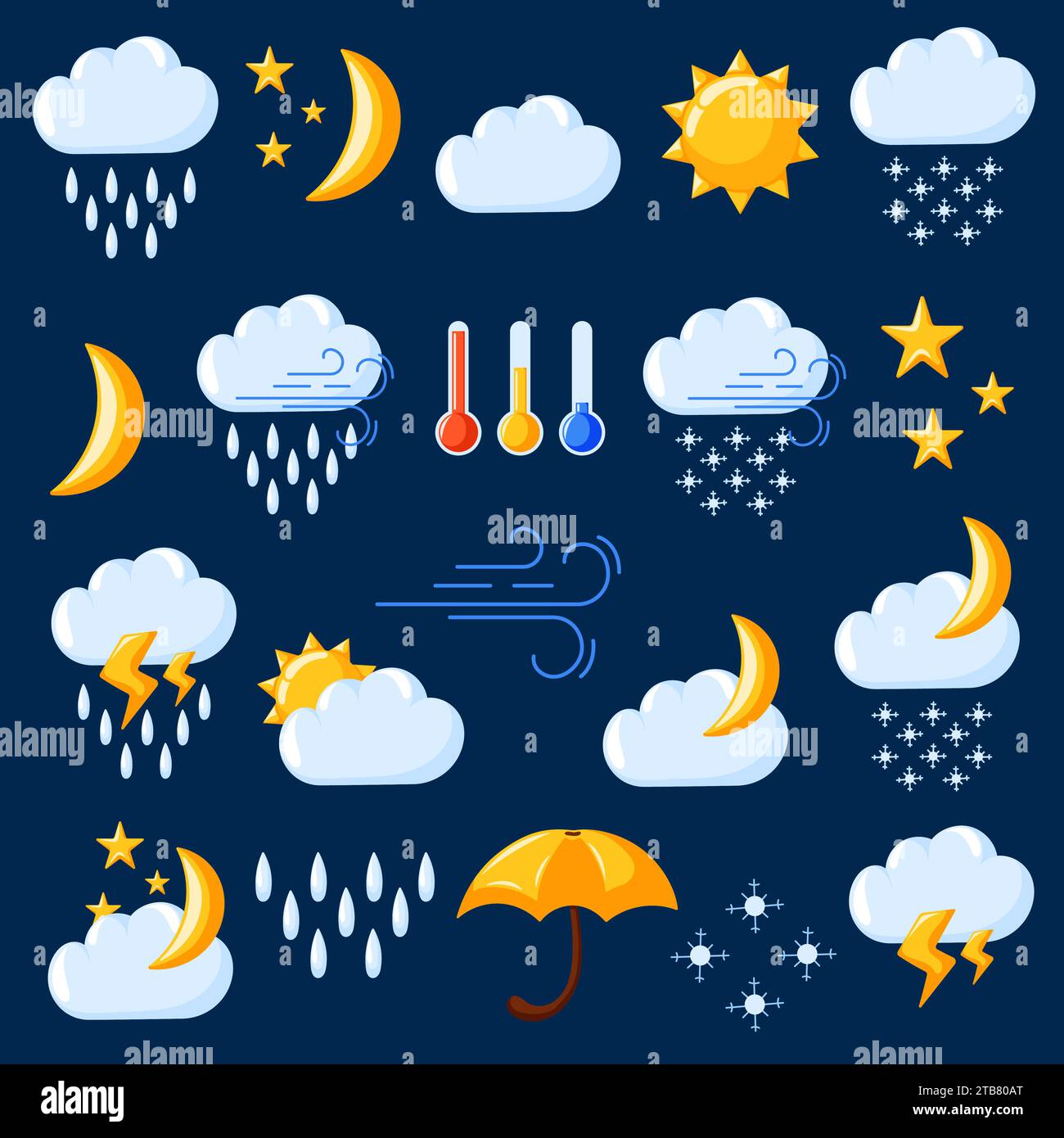 Weather symbols in cartoon style. Elements for weather forecast. Thunderstorm, lightning, rain, showers, cloud, drops, wind, cold and warm thermometer Stock Vector