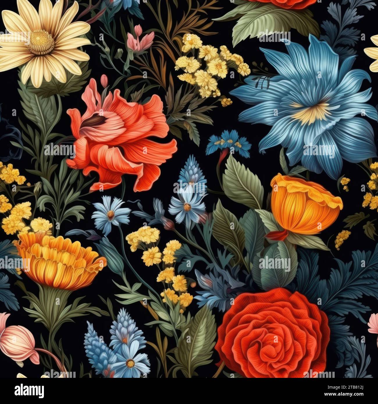 A vibrant floral pattern featuring various flowers in full bloom on a dark black background Stock Photo
