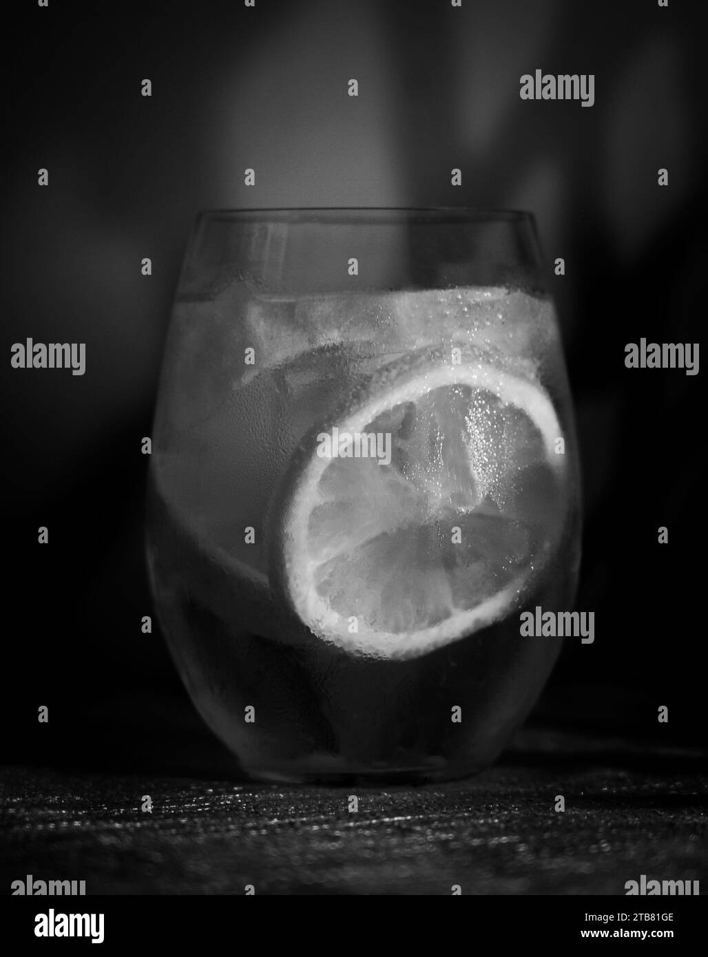 Gin and Tonic cocktail in black and white with ice and lemon Stock