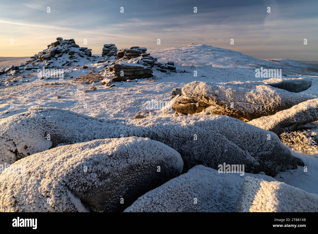 Snow and ice over moorland at West Mill Tor in Dartmoor National Park, Devon, England.  Winter (December) 2022. Stock Photo