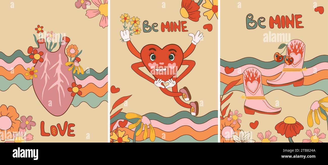 Retro Valentine's Day cards collection. Features cartoon groovy romantic elements and holiday hippie characters. Ideal as love stickers for posters and cards. Vector illustration Stock Vector