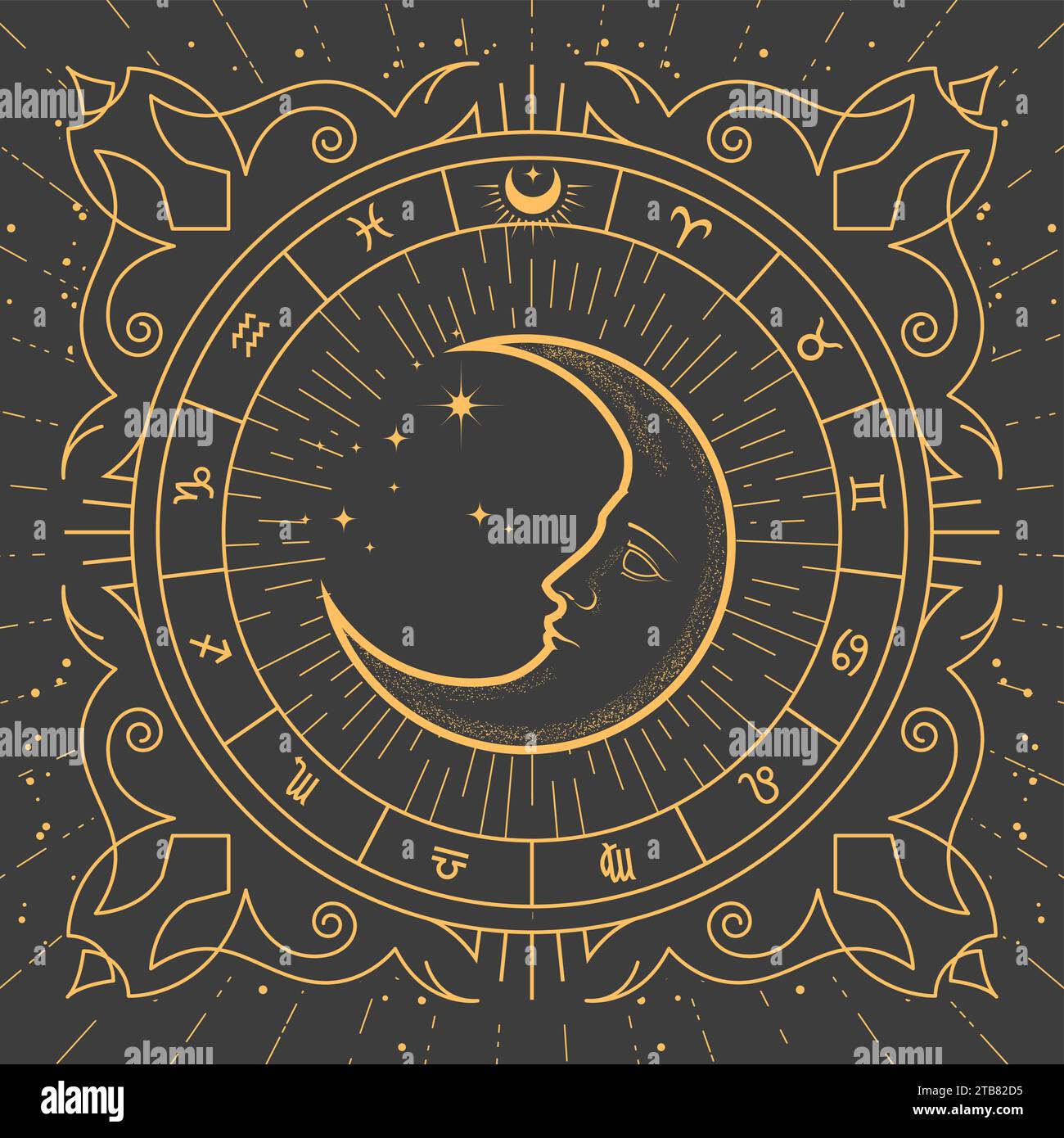 Half-moon inside ornamental frame, magic crescent in tarot style, zodiac signs and esoteric patterns, astrology mystic frame, vector Stock Vector