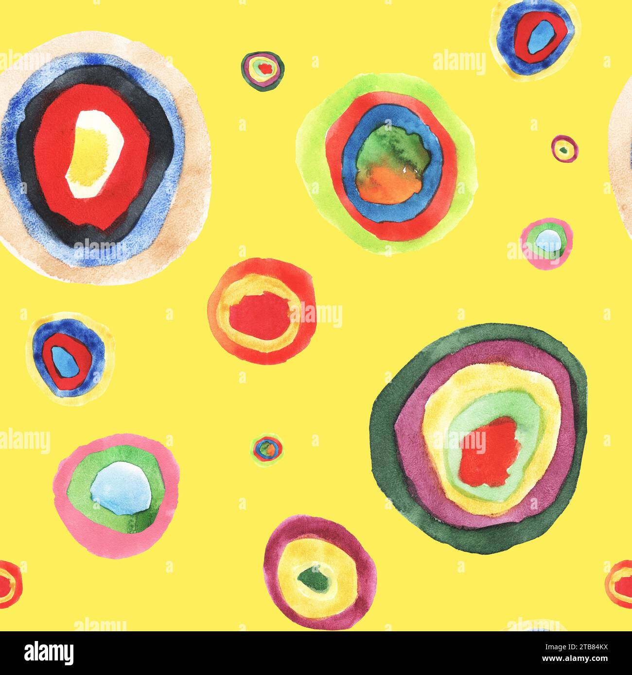 seamless background pattern on bright yellow background, with colorful circles. Kandinsky style colorful round figures. Hand painted watercolor. For d Stock Photo