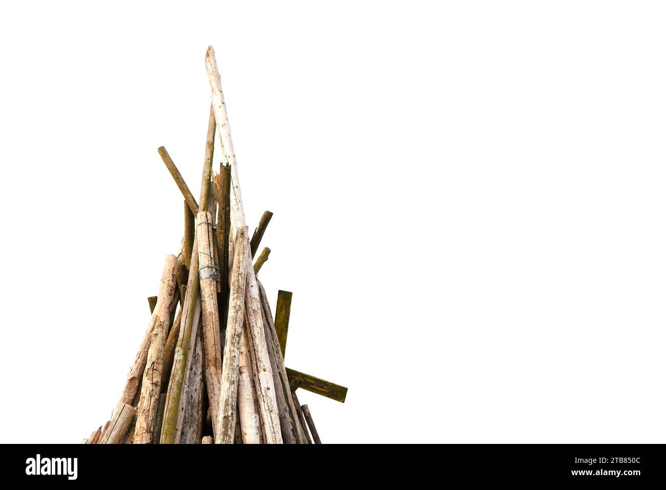 Many wood sticks piled together as tepee construction isolated on white background Stock Photo