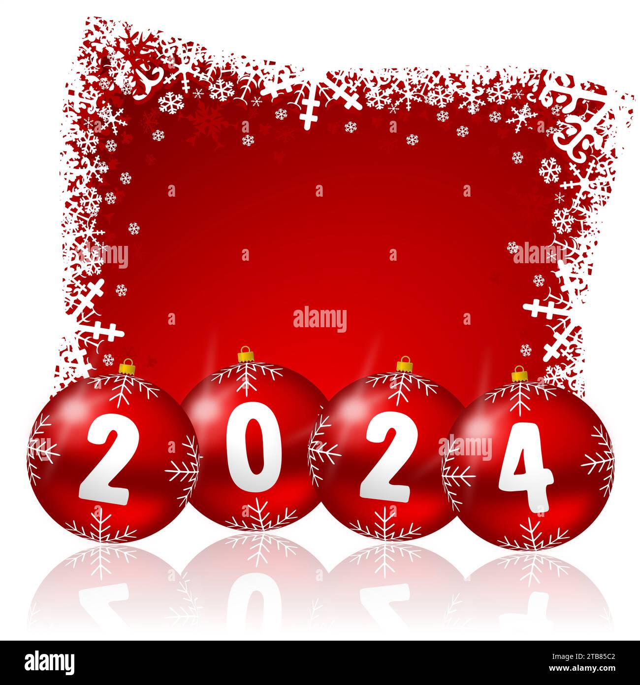 New year 2024 illustration with Christmas baubles and snowflakes on red