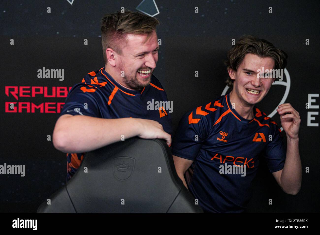 HELSINKI, FINLAND - NOVEMBER 30: Joakim 'jkaem' Myrbostad of Apeks, Adne 'sense' Fredriksen of Apeks laugh after the win during Elisa Masters Espoo 2023 - Day 2 at Elisa Headquarters on November 30, 2023 in Helsinki, Finland. (Photo by Gabriel Calvino Alonso/Orange Pictures) Stock Photo