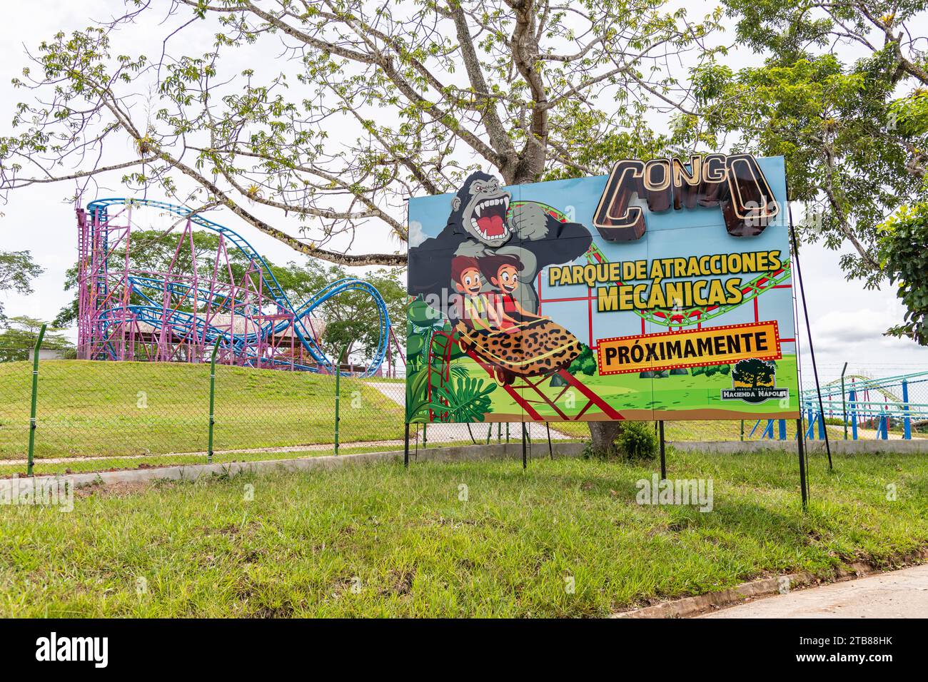 A sign promoting a ride at the Hacienda Napoles theme park in Colombia Stock Photo