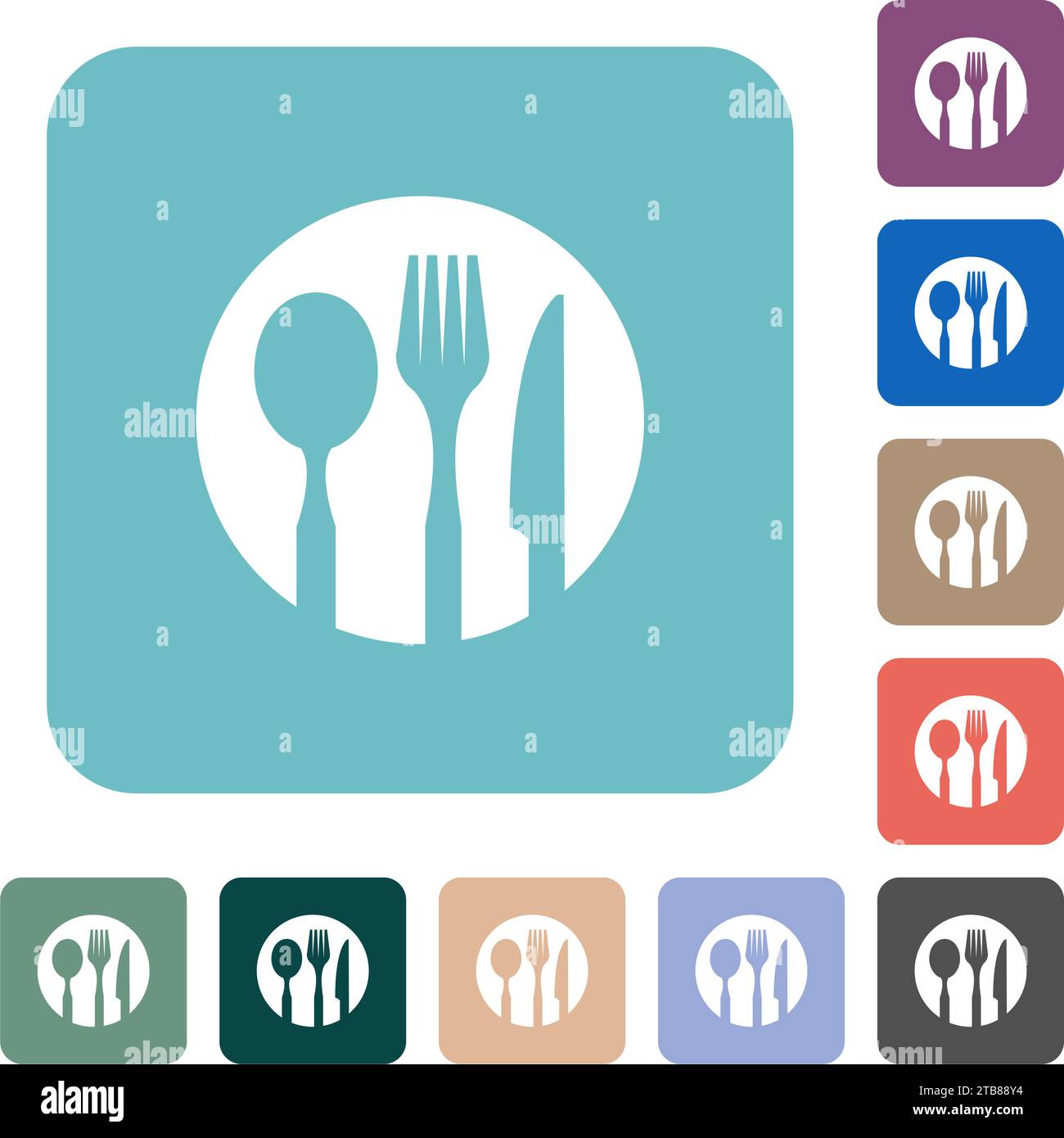 Tableware set solid white flat icons on color rounded square backgrounds Stock Vector