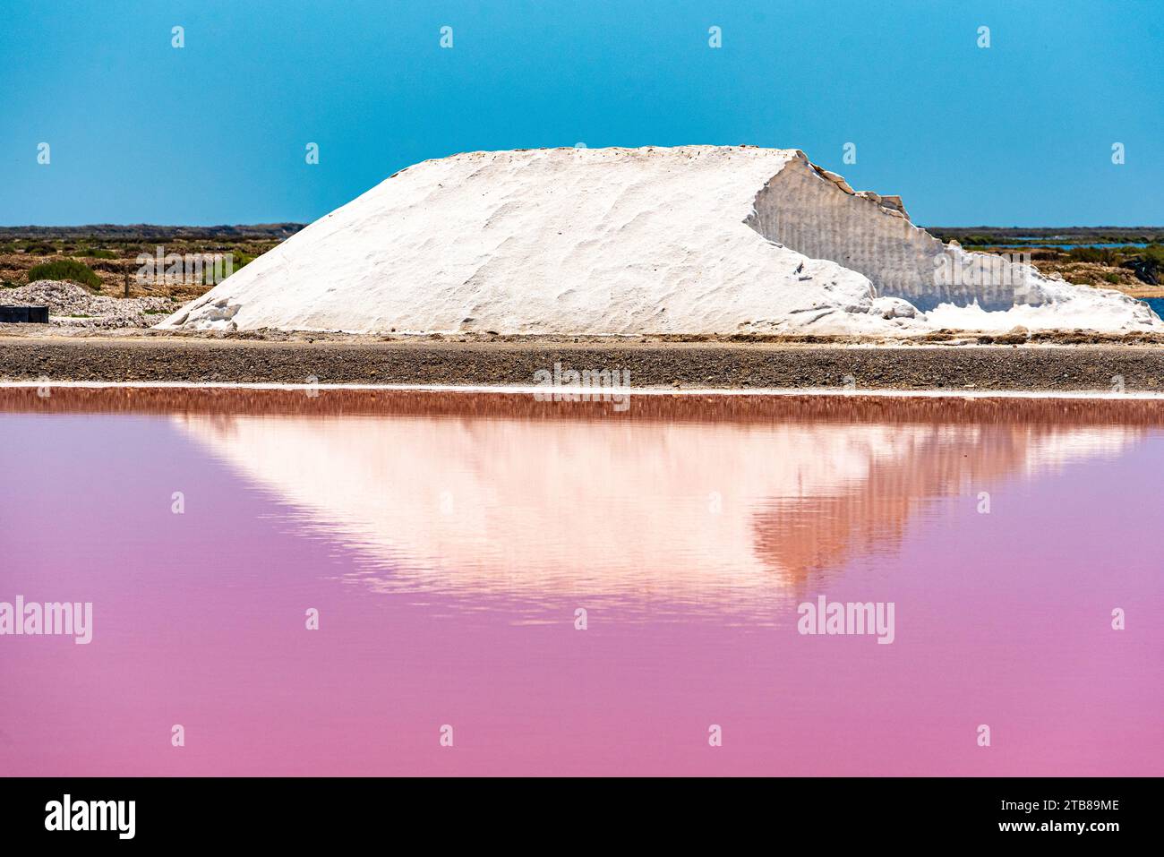 Gruissan (south of France): the salt marshes of St Martin Island, whose pink-red color is due to the presence of halophilic algae. Salt mound Stock Photo