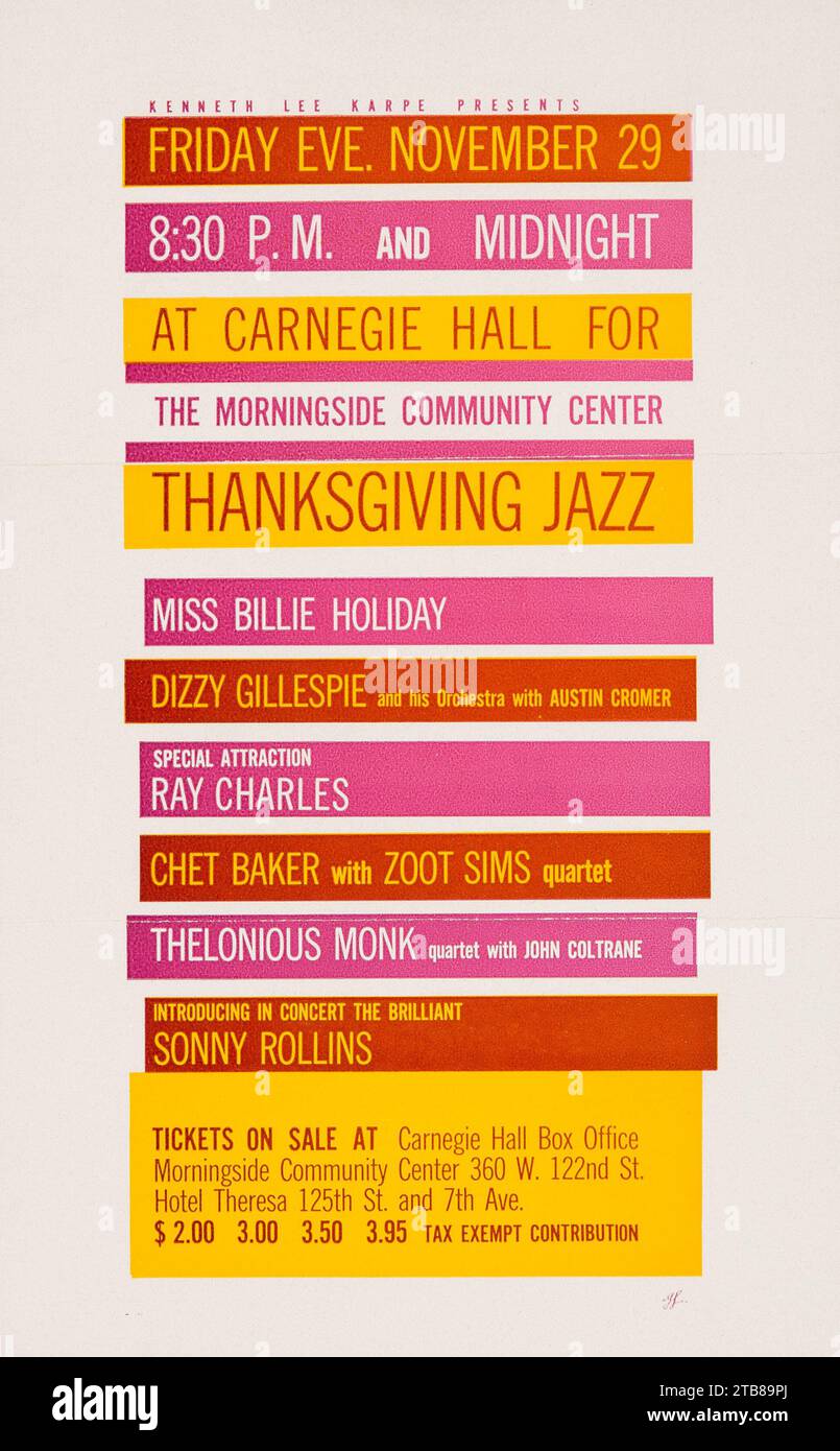 1957 Carnegie Hall Jazz Flyer feat Miss Billie Holiday, Ray Charles, Chet Baker, Thelonious Monk and Sonny Rollins Stock Photo