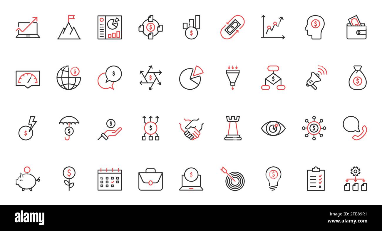 Business strategy red black thin line icons set, activity process and ...