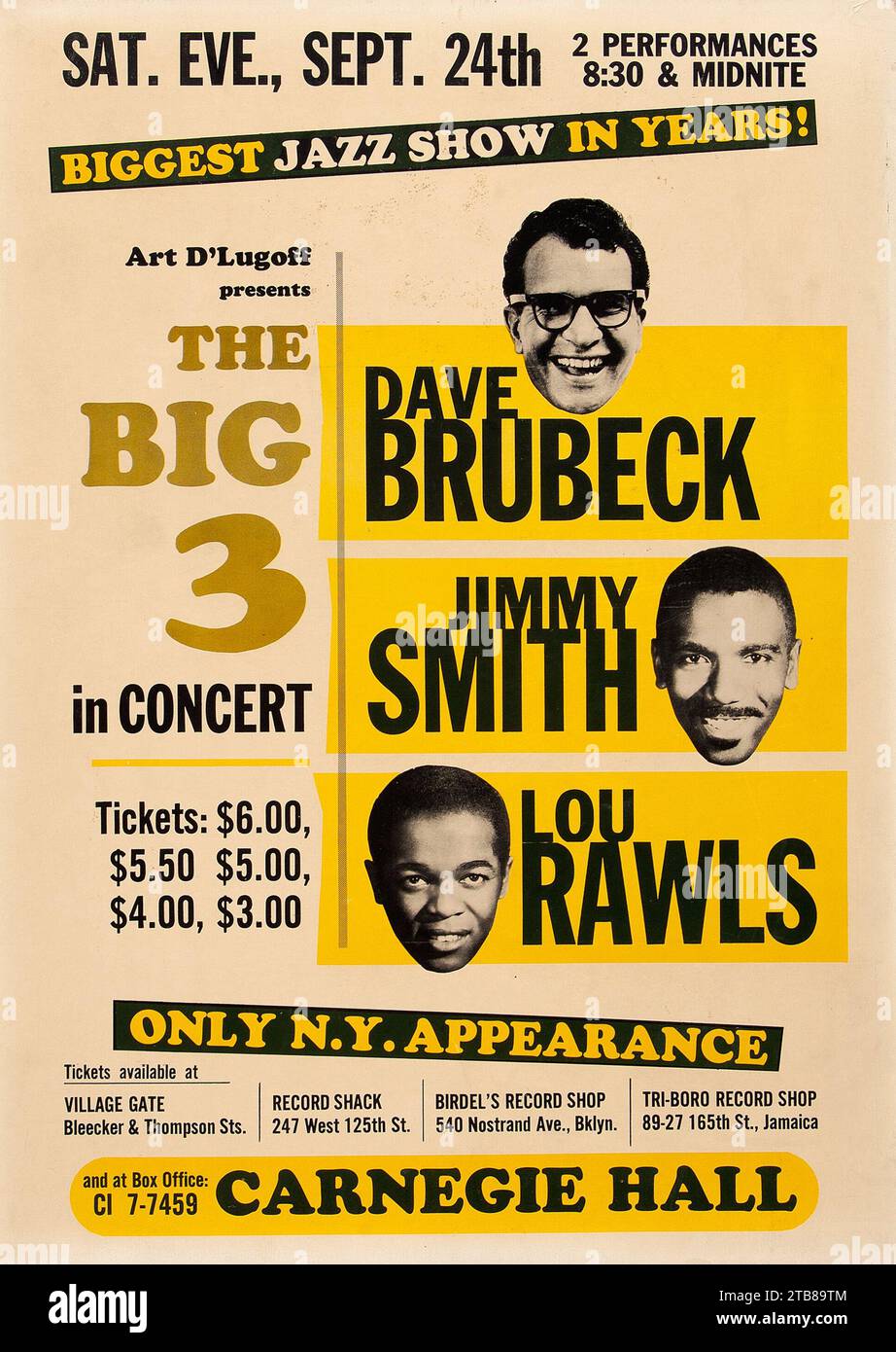 Vintage Jazz poster - Dave Brubeck, Lou Rawls, Jimmy Smith 1966 Carnegie Hall, NYC Concert Poster Stock Photo