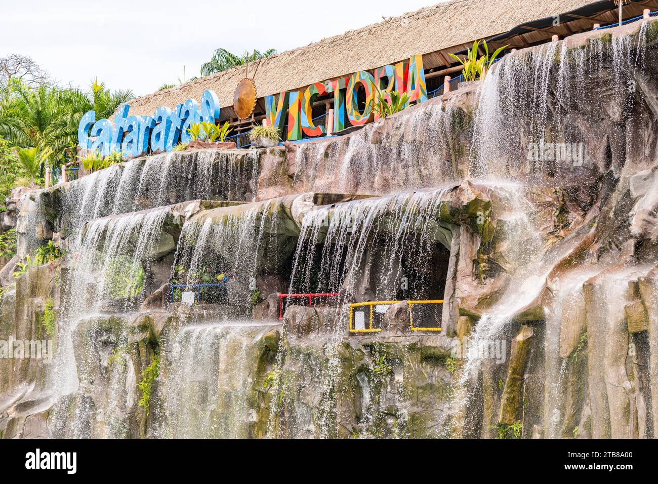 Waterfalls at the water park in Hacienda Napoles in Colombia Stock Photo