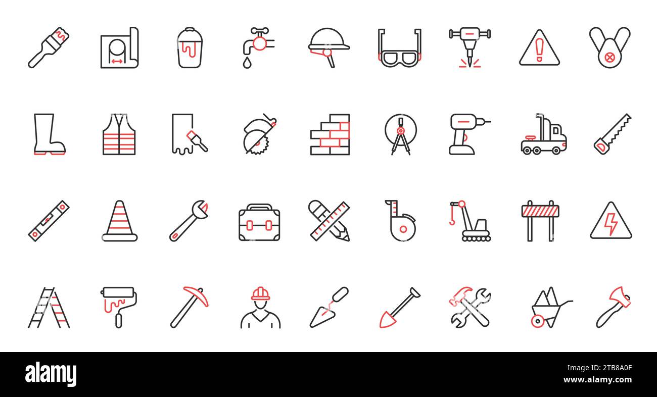 Building construction and repair red black thin line equipment and tools trendy icons set. Stock Vector