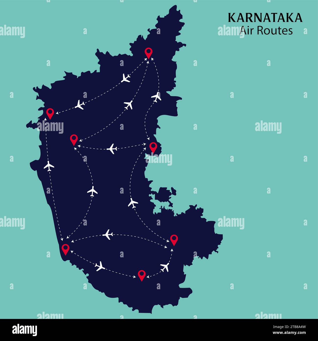 Karnataka Air Route links in the Karnataka Map vector illustration Stock Vector