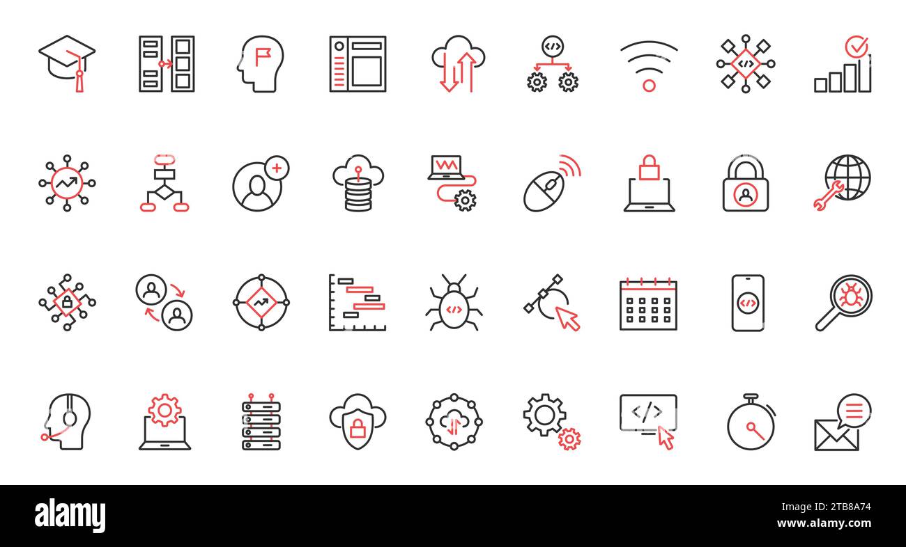 Support for computer software, program code red black thin line trendy icons set, maintenance service. Stock Vector