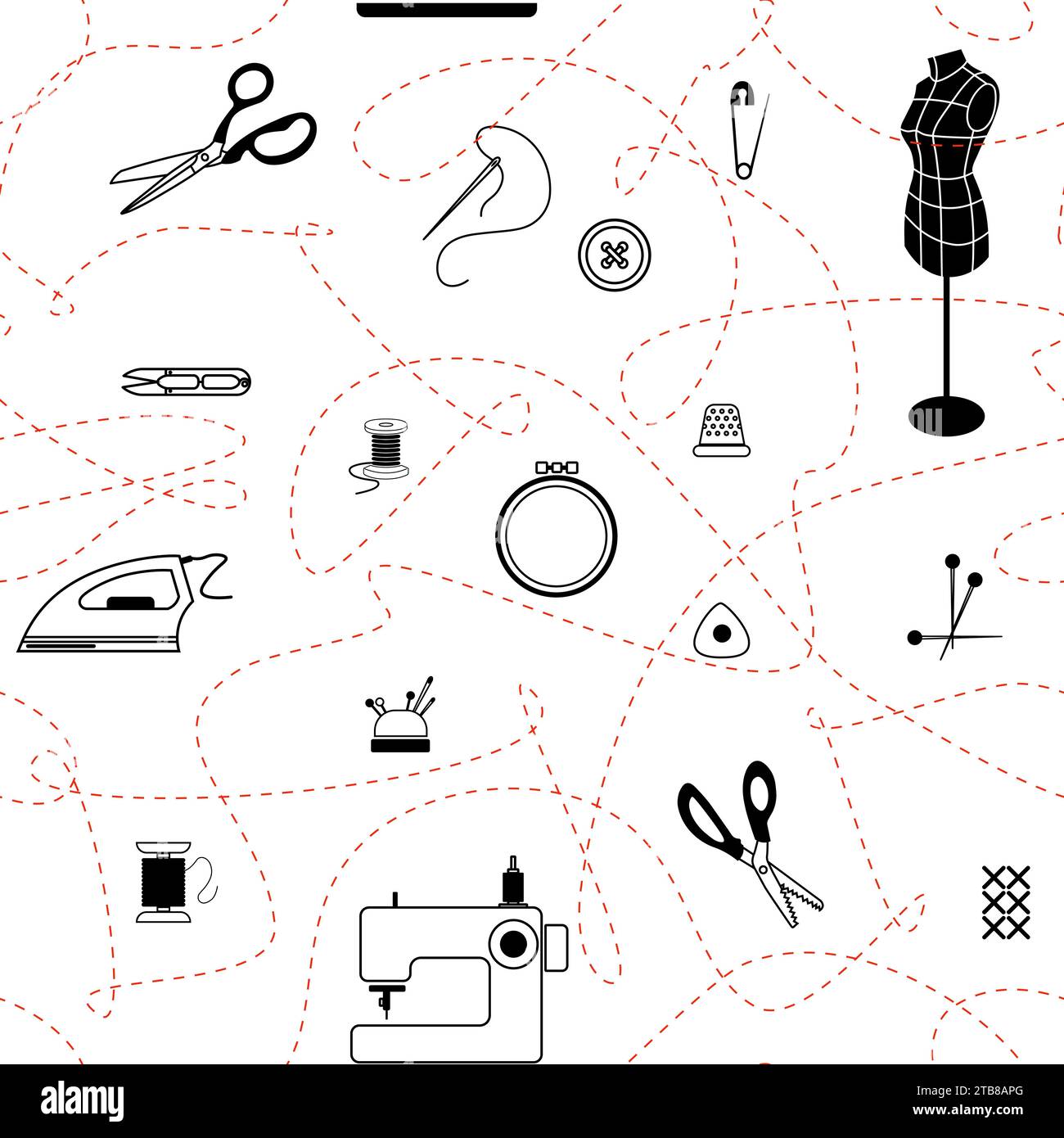 Seamless vector pattern with outline doodle sewing elements. Stock Vector