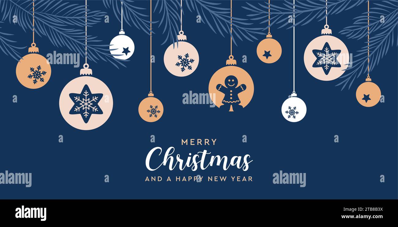 merry christmas card with hanging ball decoration vector illustration ...